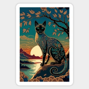 Cat and Lake Sunset Scene Sticker